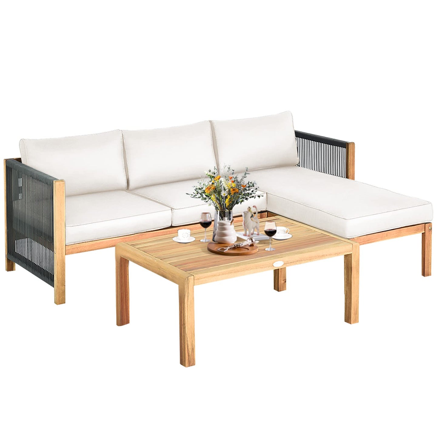 Tangkula L Shape Outdoor Furniture Set, 3 Piece Acacia Wood Patio Conversation Set, with 2 loveseats and Coffee Table, Garden Backyard Poolside Patio Seating Set (White) - WoodArtSupply