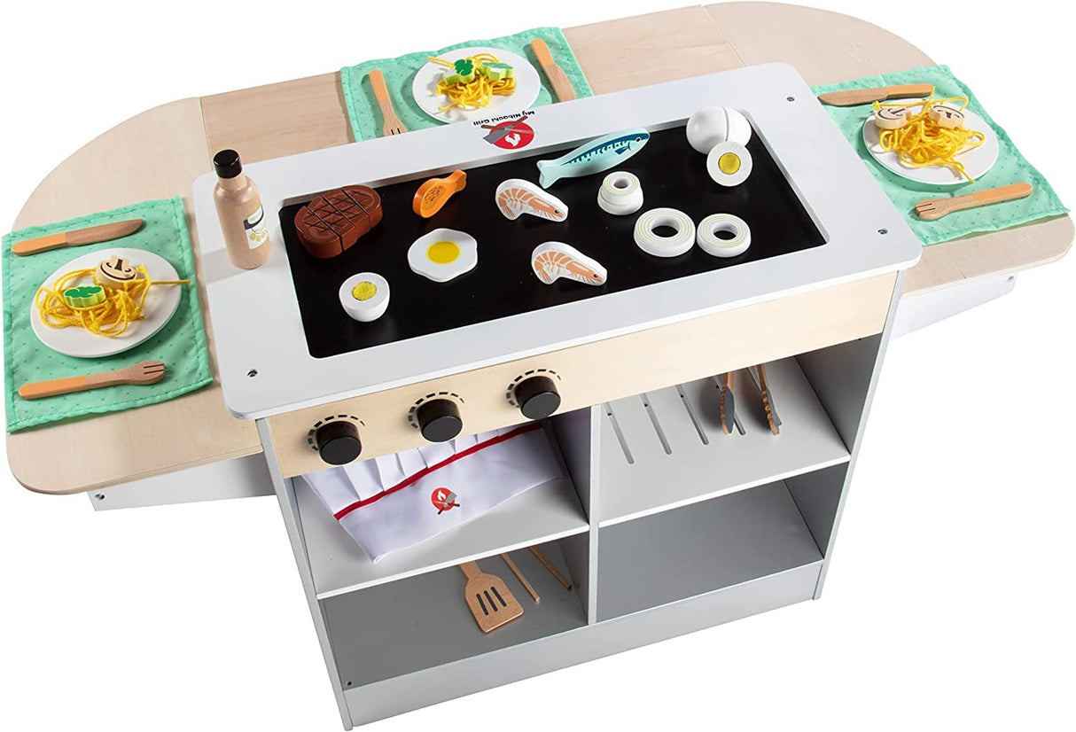 Hibachi Grill Wooden Kids Playset w/ Stools, Table Settings and Over 25 Toy Food Pieces - Noodles, Tongs, Meats, Veggies - Everything Your Little Chef Needs for Pretend Play Indoor Japanese Restaurant Svan
