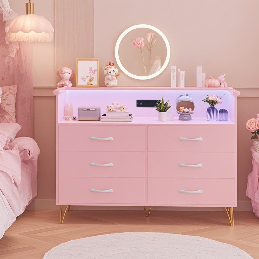Patikuin Pink Dresser for Bedroom with LED Light & Power Outet, 6 Drawers Wooden Dressers with 2-Tier Open Space, Modern Chest of Double Wide Drawers for Living Room, Entryway, Hallway TV Stand Patikuin