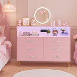 Dresser for Bedroom with Charging Station and LED Lights, Storage Organizer with 6 Drawers Wooden, Chest of Drawers for Living Room, Closet, Bedroom, Guest Room, Hallway Entryway Takywep