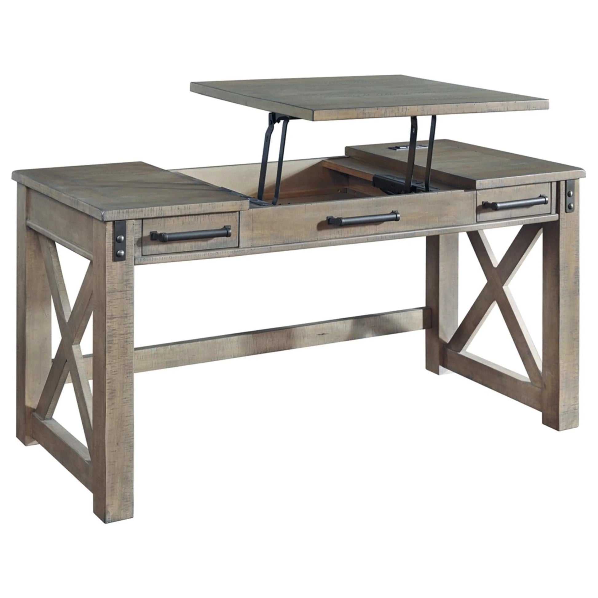 Signature Design by Ashley Aldwin Rustic Farmhouse 60" Home Office Lift Top Desk with Charging Ports, Distressed Gray - WoodArtSupply