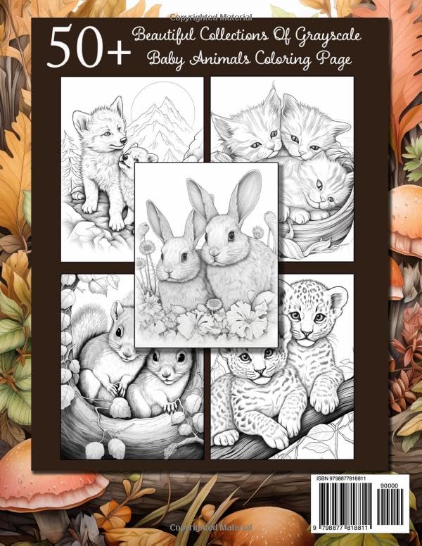 Lovely baby animals: Stress Relief Nature Scenes, Baby Cute Animals Grayscale Coloring Book For Adults With Cats, Dogs, Foxes, Horses, Owls, And More WoodArtSupply