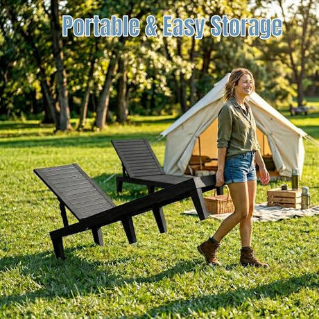 Lounge Chair Outdoor,Set of 2 All-Weather UV-Resistant & Waterproof Patio Lounge Chairs,High-Impact PP 5 Position Adjustable Tanning Chair,Heavy Duty Pool Lounge Chairs Great for Pool & Yard,Black EFU