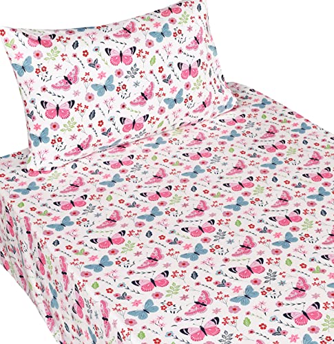 Scientific Sleep Butterfly Pink Flower 100% Cotton Cozy Fun Twin Bed Sheet Set, Flat Sheet & Fitted Sheet & Pillowcase Kids Boys Girls Bedding Set Scientific Sleep