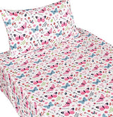Scientific Sleep Butterfly Pink Flower 100% Cotton Cozy Fun Twin Bed Sheet Set, Flat Sheet & Fitted Sheet & Pillowcase Kids Boys Girls Bedding Set Scientific Sleep