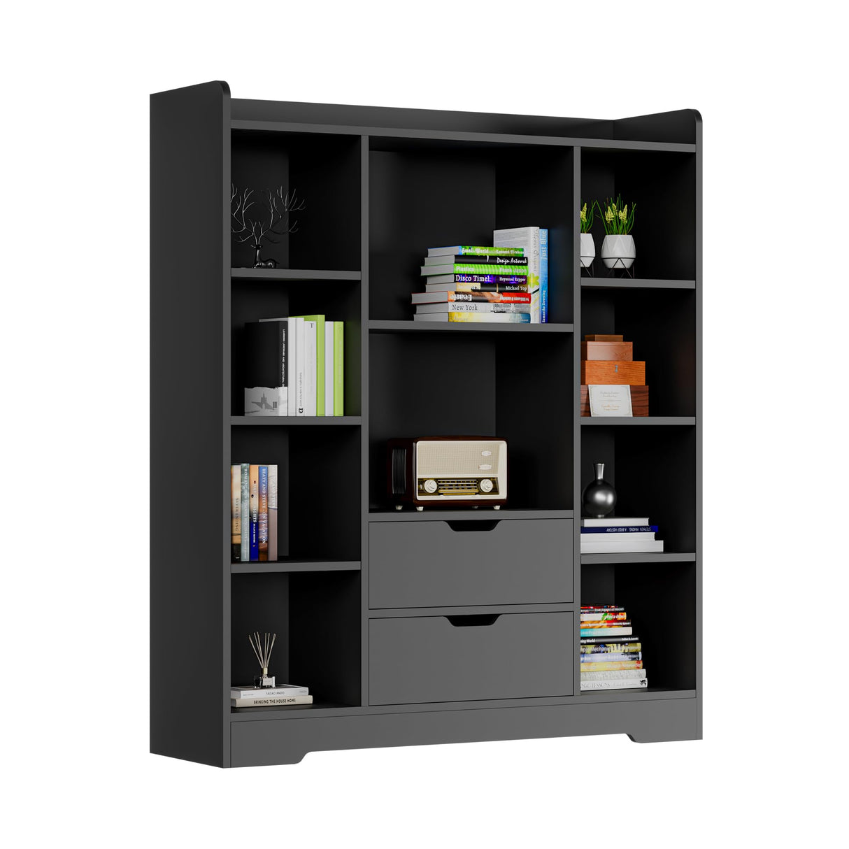 Cozy Castle Black Bookshelf, 4-Tier Open Shelf Bookcase with 2 Drawers and 10 Cubes, Wood Cube Storage Organizer Shelf for Bedroom, Living Room, 39.4" W X 47.2" H Cozy Castle