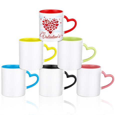 Mifoci 6 Pack Sublimation Mugs for Christmas Bulk, 11 oz Blanks Sublimation Coffee Mugs with Heart Handle White Ceramic Coffee Cup for Christmas Thanksgivng Employees Gifts(Multicolor) Mifoci