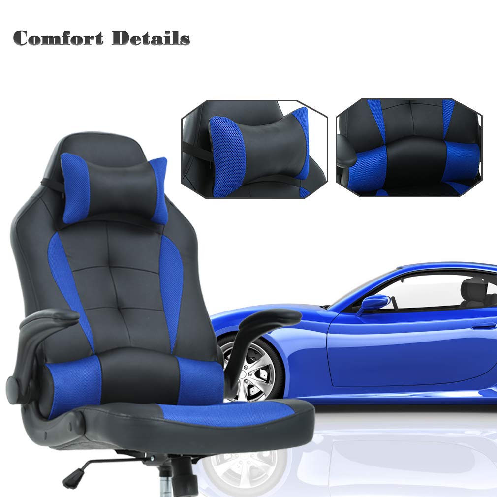 Gaming Chair Office Chair Desk Chair with Lumbar Support Flip Up Arms Headrest PU Leather Swivel Rolling Adjustable High Back Racing Computer Chair for Women Men Adults,Blue BestOffice