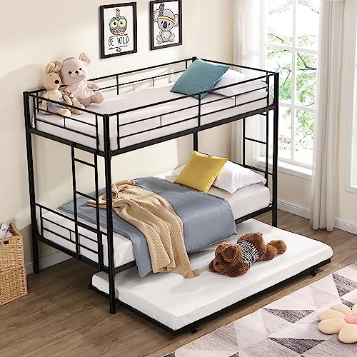 KEIKI Twin Over Twin Size Metal Detachable Bunk Bed Frame with Ladder, Trundle and Guardrail, Modern Style Bunk Beds with Slats, No Box Spring Required, Easy Assembly, for Bedroom or Dormitory, Black KEIKI