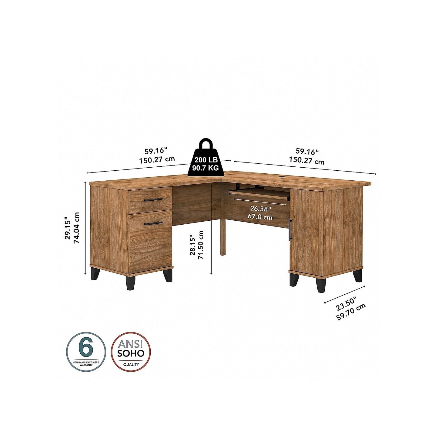 Bush Furniture Somerset L-Shaped Desk with Storage | Study Table with Drawers in Fresh Walnut | Home Office Computer Desk with Cabinets and Pullout Keyboard/Laptop Tray - WoodArtSupply