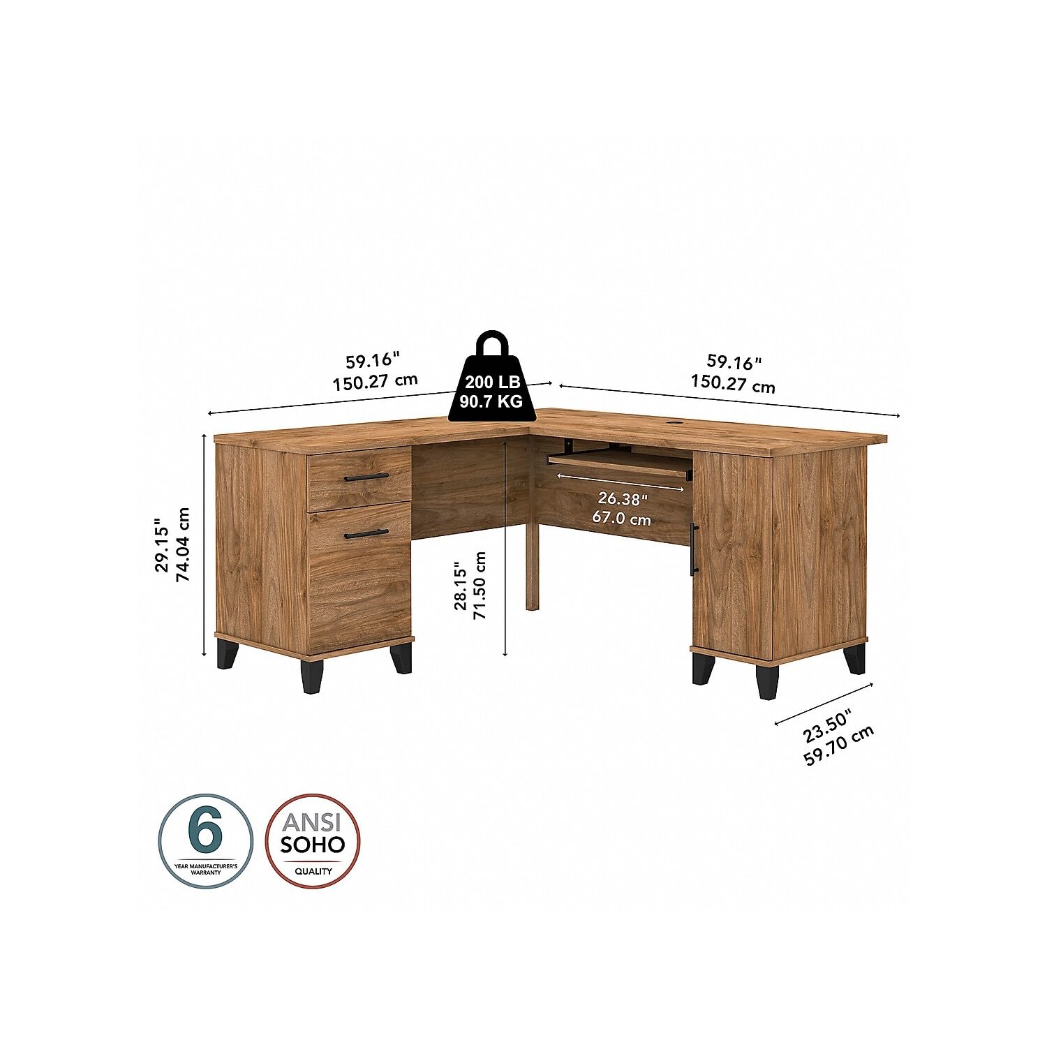 Bush Furniture Somerset L-Shaped Desk with Storage | Study Table with Drawers in Fresh Walnut | Home Office Computer Desk with Cabinets and Pullout Keyboard/Laptop Tray - WoodArtSupply