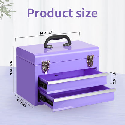 14 Inch Steel Portable Tool Box with drawers - Tool Storage Box Organizer with Metal Latch Closur - Powder Coated Toolbox Chest for Tools Storage Cabinet (PURPLE) - WoodArtSupply