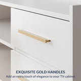 BELLEZE 66" TV Stand for TVs Up to 75", LED Light Entertainment Center with Power Outlet, 4 Drawers and 2-Tier Open Shelves TV Cabinet, TV Console for Living Room, Bedroom - Corrigan (White) BELLEZE