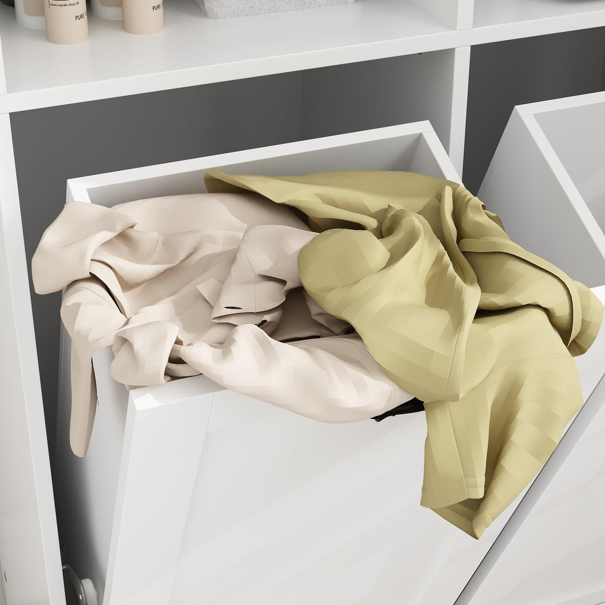 ROMSHINE Double Tilt Out Laundry Hamper, Hidden Laundry Hamper Cabinet with Adjustable Shelves & 2 Tilt Out Trash Cabinets (14 Gallon Each) for Bathroom Kitchen, White 1 Door ROMSHINE