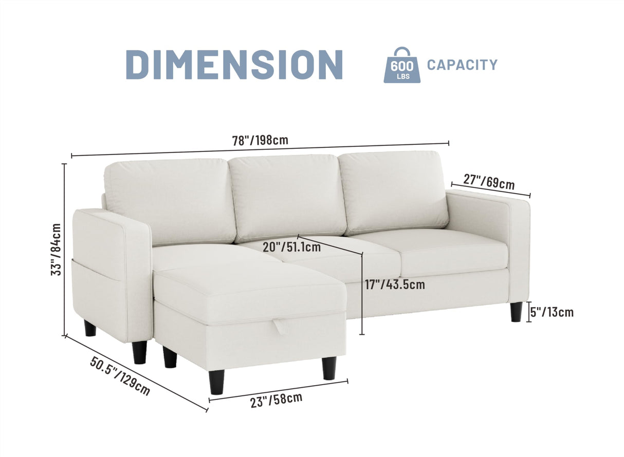 Sectional Sofas Couches for Living Room Convertible 3-Seater 78" L Shaped Couch for Small Spaces, Beige Pet-Friendly Modern Linen Fabric Sofa & Washable Covers Ideal for Apartments Studios Dorms Woyomeub