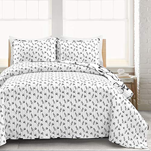 Lush Decor Scandinavian Floral Quilt Queen Size Reversible 3 Piece Set Full/Queen Black & White - Floral Bedding Set Queen Quilt - White Bedding Lush Decor