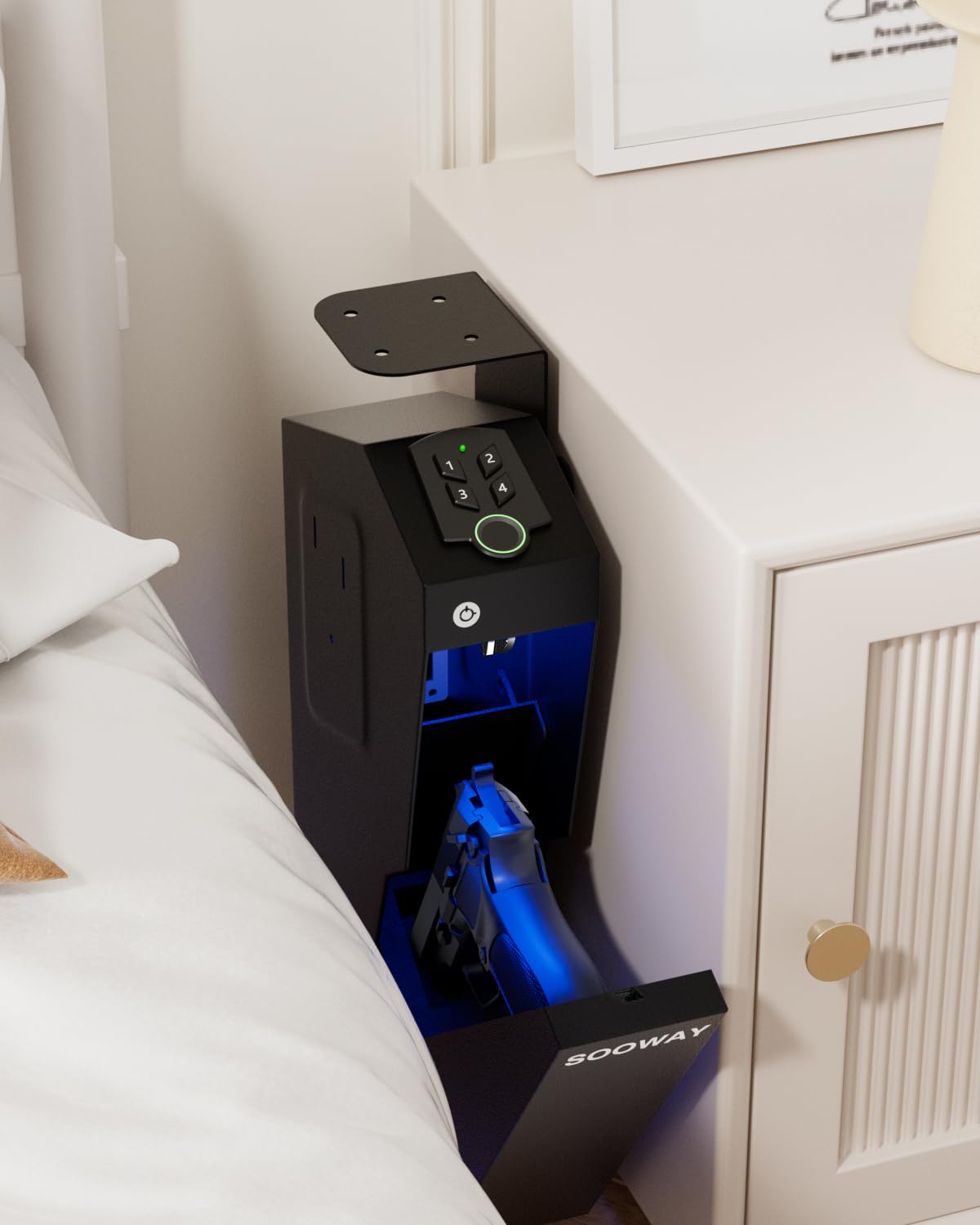 SOOWAY Biometric Pistol Safe Fingerprint Quick Access Gun Safe for Handgun, Drop Down Mounted with 3 Ways Unlock Gun Lock Box for Car, Nightstand, Desk, Wall, Dresser SOOWAY