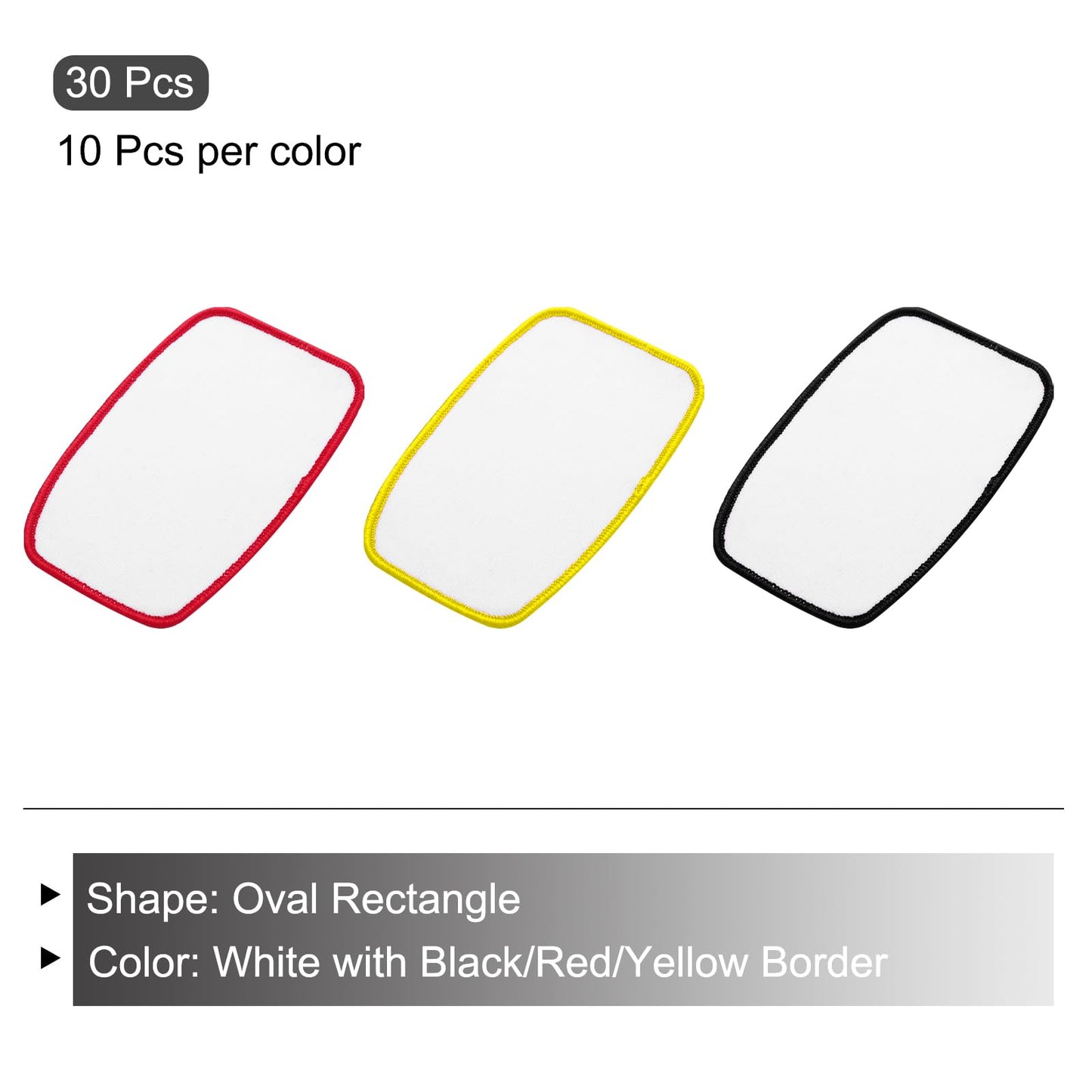 MECCANIXITY 30pcs Sublimation Patch Blank, 10x6cm/3.94x2.36 Inch Oval Rectangle Fabric Iron-on Blank Heat Transfer Repair Patch for DIY Crafts Caps Clothes, White with Black/Red/Yellow Border