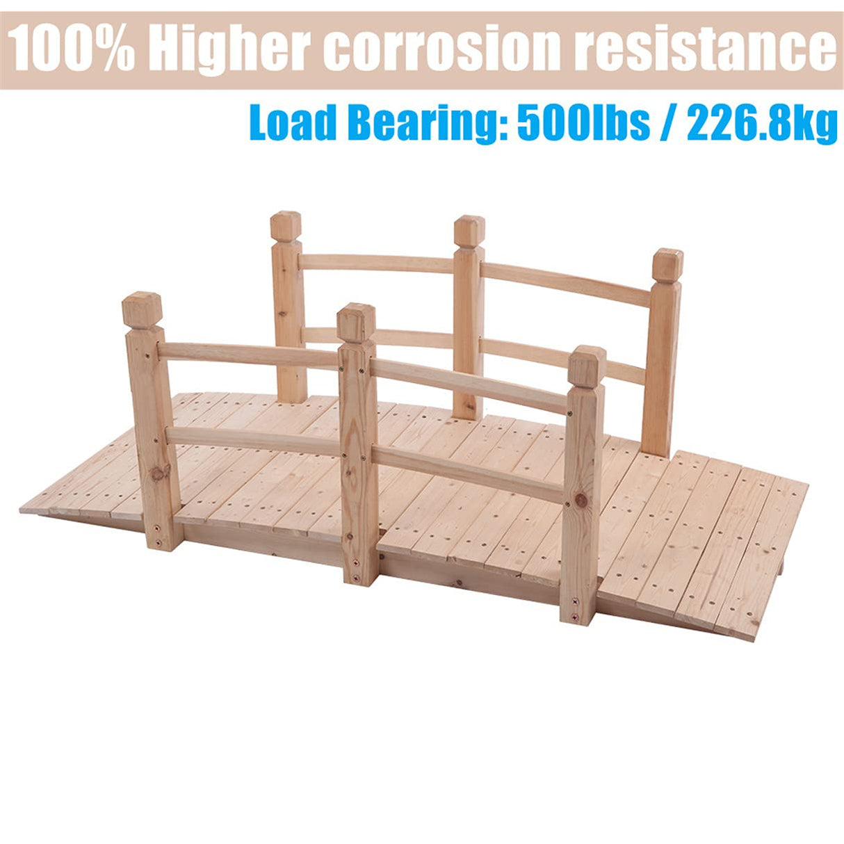 Koopee LEEXCCOS Higher Quality & Stronger Wooden Garden Bridge for Outdoors 5ft, More Durable Landscape Arch with Safety Railsm, 500lbs Capacity Decorative Pond Bridge (Natural Wood) Koopee