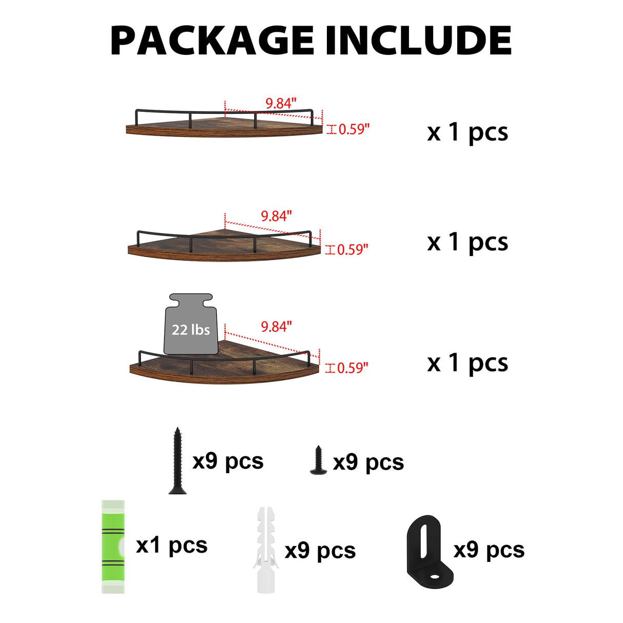 HORLIMER Floating Corner Shelf Wall Mount, Set of 3 Rustic Wood Corner Wall Shelves with Fence for Bedroom, Living Room, Bathroom, Kitchen, Brown HORLIMER