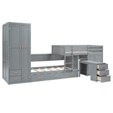 YOPTO Twin Size Bunk Bed with Trundle,Wardrobe,Desk,2 Cabinets and 5 Drawers,Multifunctional Wood Bed Frame W/Integrated Ladder,Safety Guardrails & Slats Support,Easy Assembly,for Kids,Teens,Gray YOPTO