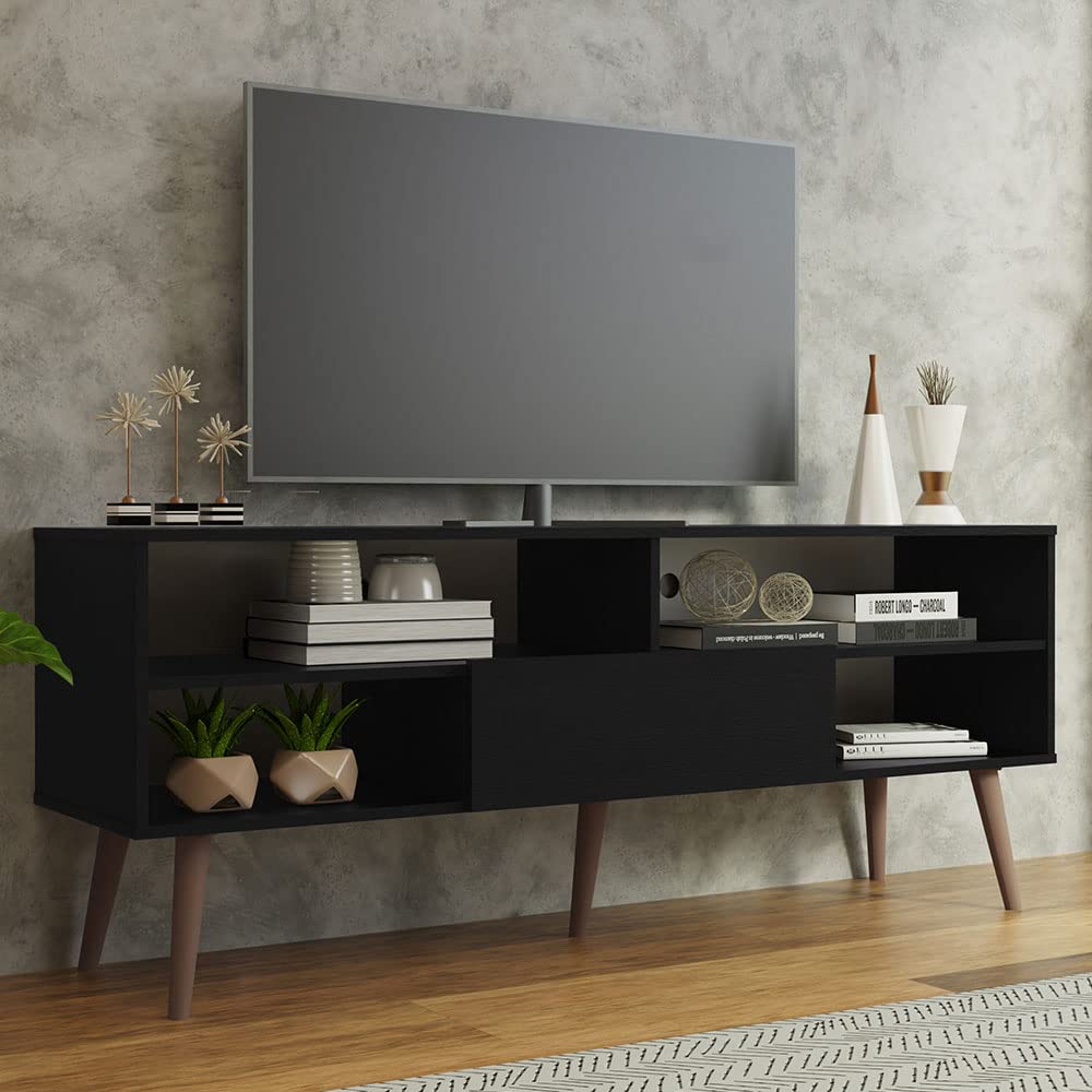 Madesa Modern TV Stand with 1 Door and 4 Shelves with Cable Management for 55, 65 Inch Media Storage Media Console Living Room and Bedroom Entertainment Center Wooden Television Cabinet - Black Madesa