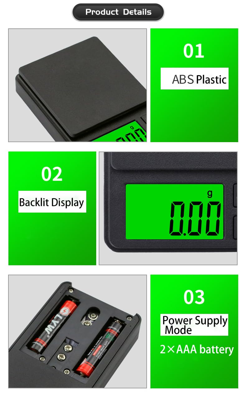 VITSOL Digital Pocket Scale 1000g x 0.01g Weigh Gram Scale, Mini Scale, Digital Grams Scale, Food Scale, Jewelry Scale, Kitchen Scale with Backlit LCD, 7 Units Tare, Battery Included, Black VITSOL