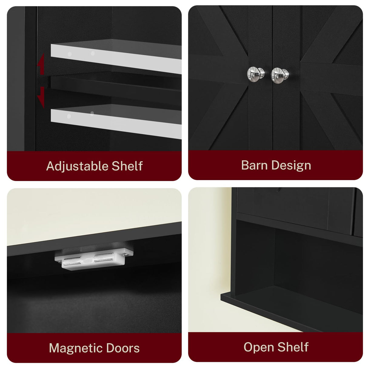 TEENFON Bathroom Wall Cabinet, Over The Toilet Space Saver Storage Cabinet with Barn Doors & Adjustable Shelf, Hanging Medicine Cabinet, Black TEENFON