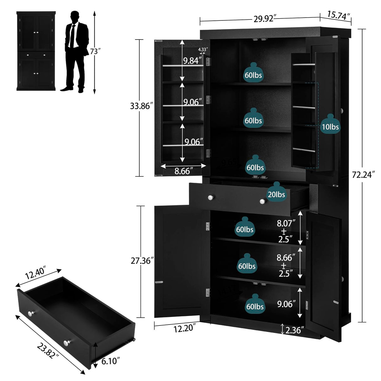 usikey 72” Kitchen Pantry Cabinet, Tall Storage Cabinet with 4 Doors and 1 Drawer, Freestanding Cupboard with 6 Hanging Shelves and Adjustable usikey