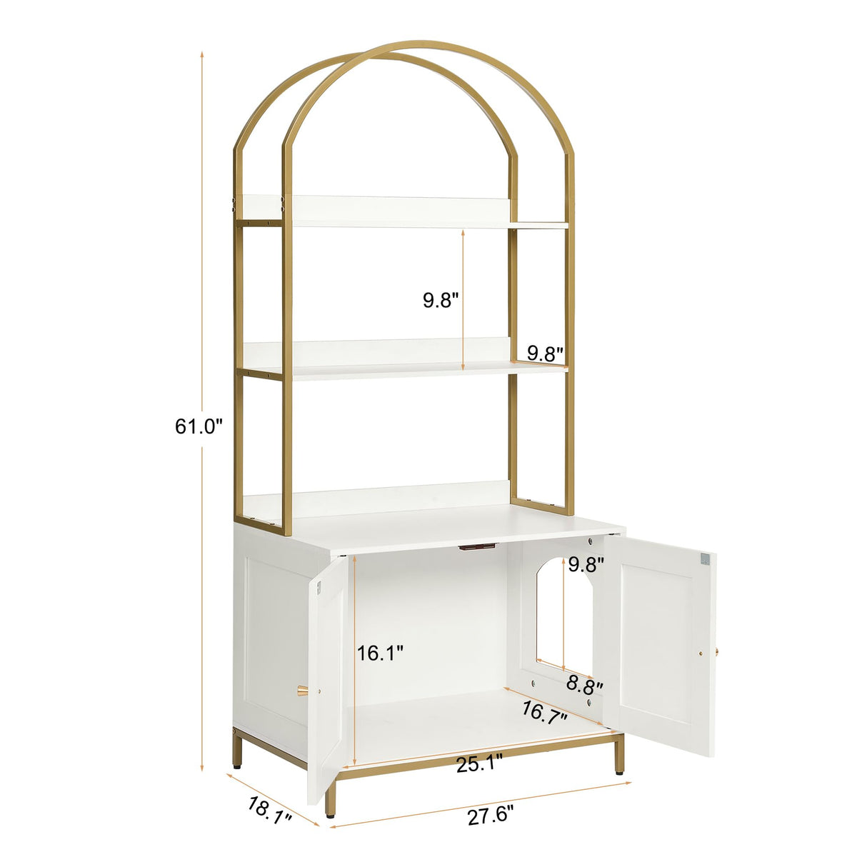 Homhedy Cat Litter Box Enclosure, Litter Box Furniture Hidden with 2-Tier Storage Shelves, Wooden Cat Washroom Furniture with Metal Frame, Modern Style, White and Gold Homhedy