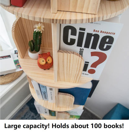 360° Rotating 4-Tier Solid Wood Bookshelf for Kids & Adults - Space-Saving Floor Organizer - WoodArtSupply