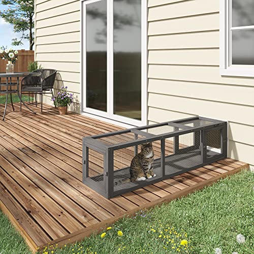 PawHut Outdoor Cat Tunnel with Extendable Design, 59" L Wooden Cat Run with Weather Protection, Connecting Inside and Outside, for Deck Patios, Balconies, Gray - WoodArtSupply