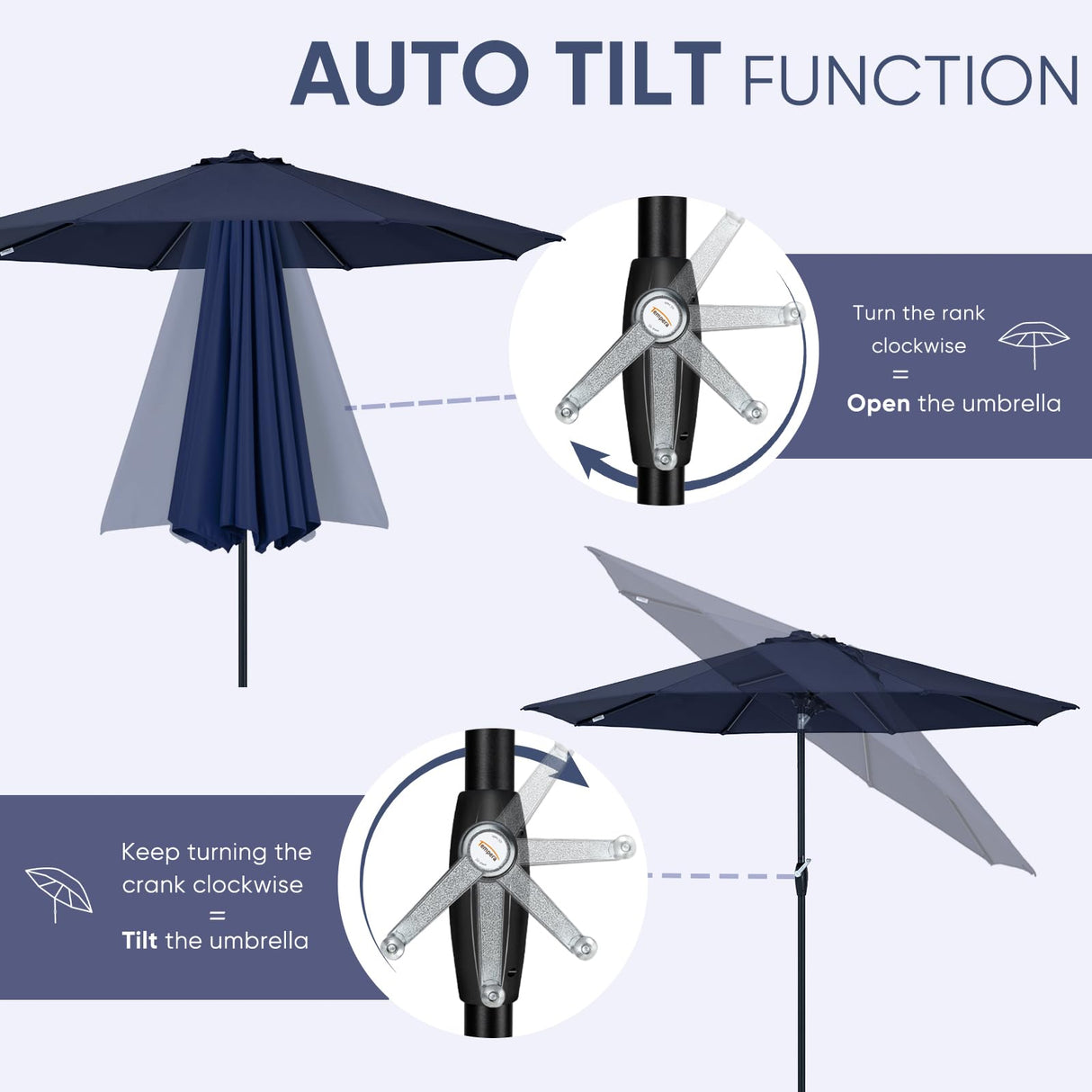 Tempera 10FT Patio Market Outdoor Table Umbrella with Auto Tilt and Crank,Large Sun Umbrella with Sturdy Pole&Fade resistant canopy,Easy to set, NAVY Tempera