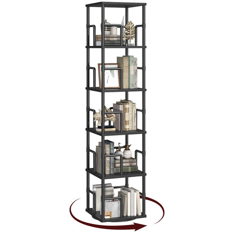 MAHANCRIS 5-Tier Rotating Bookshelf, Freestanding Corner Bookshelf, 360° Spinning Bookcase, Industrial Style Storage Rack with Rails, for Living Room, Bedroom, Study, Black BKBK1601 MAHANCRIS