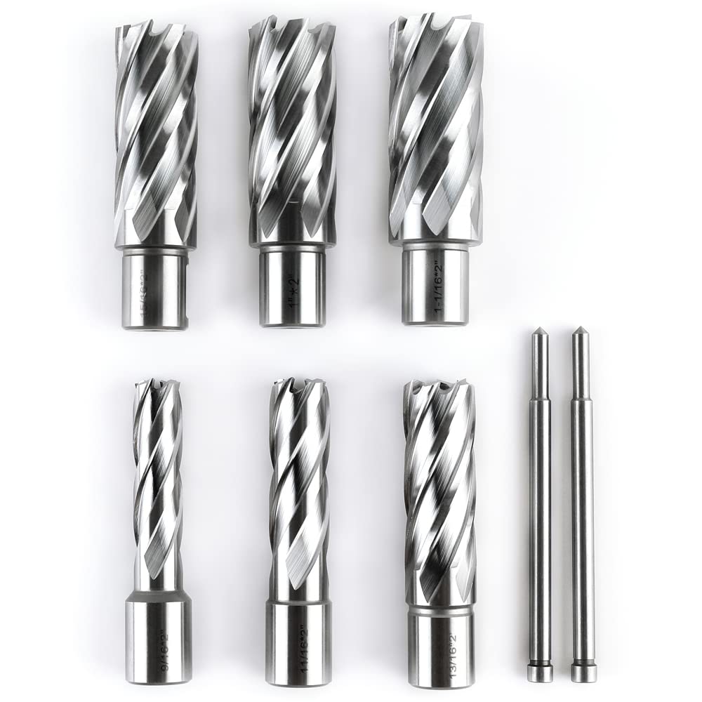 OSCARBIDE Annular Cutter Set 8 Pieces, 3/4"Weldon Shank,2"Cutting Depth,(9/16,11/16,13/16,15/16,1,1-1/16) inch Cutting Diameter,Mag Drill Bits for Magnetic Drill Press with 2pcs Pilot Pins OSCARBIDE