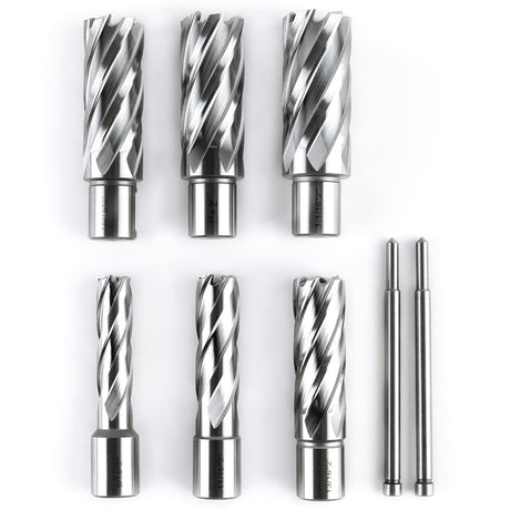 OSCARBIDE Annular Cutter Set 8 Pieces, 3/4"Weldon Shank,2"Cutting Depth,(9/16,11/16,13/16,15/16,1,1-1/16) inch Cutting Diameter,Mag Drill Bits for Magnetic Drill Press with 2pcs Pilot Pins OSCARBIDE