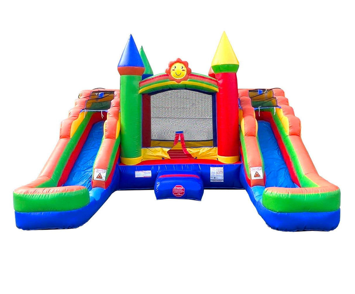 Inflatable Bounce House and Double Slide Combo Unit (Without Blower) - 16.5 x 15 x 11 Foot- Crossover Rainbow Castle Combo Bouncer, Kids Outdoor Toys, Jumpers for Kids Pogo Bounce House