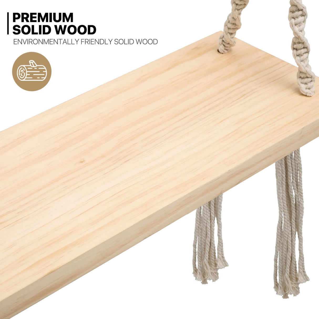 MoNiBloom Wooden Swing with Tassels, Outdoor Swing Seat for Adults with 350 lbs Capacity, Backyard Adjustable Rope Swing for Tree, Indoor/Outdoor Hanging Wood Swing Sets for Patio Garden Playground MoNiBloom