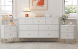 Tradare 7 Drawer Dresser and Night Stand Sets for Bedroom, Two Drawers Nightstand Set of 2 & 7 Drawer Dresser with Gold Handle, Modern White and Gold Dresser Set Tradare