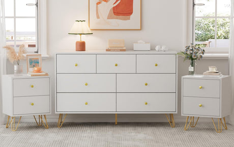 Tradare 7 Drawer Dresser and Night Stand Sets for Bedroom, Two Drawers Nightstand Set of 2 & 7 Drawer Dresser with Gold Handle, Modern White and Gold Dresser Set Tradare