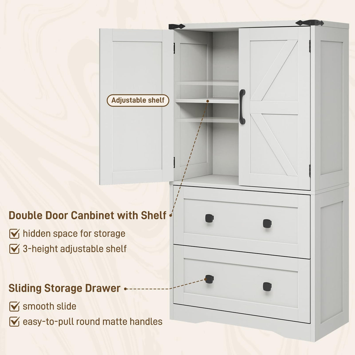 Farmhouse Bathroom Storage Cabinet with 2 Big Drawers and Barn Doors, Kitchen Pantry, Freestanding Storage Cabinet with Adjustable Shelves for Bathroom, Living Room, Kitchen.(Antique White) Befrases