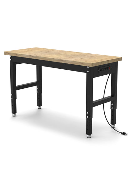 GarveeTech Adjustable Height Workbench, 48" Rubber Wood Top Heavy Duty Work Bench with Power Outlets, 2200 LBS Load Capacity Hardwood Work Bench Table for Workshop, Garage, Office, Home - WoodArtSupply