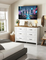 Marsail Farmhouse 6 Drawer Dresser, Wood Chest of Drawers with Natural Texture, Smooth Gliding Drawers, Versatile Storage Organizer Cabinet for Bedroom & Living Room, White and Brown Marsail