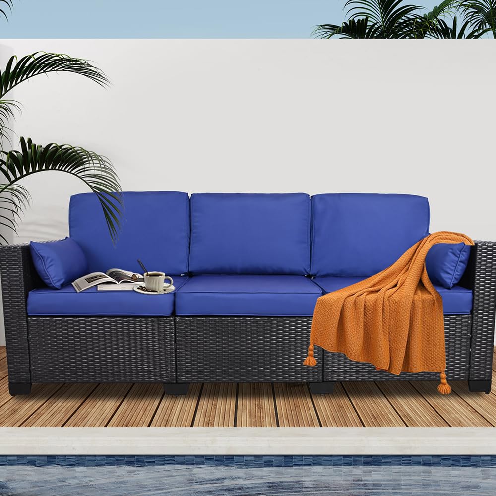 HISUKOY Outdoor Couch Wicker Patio Sofa, 3-Seat Sofa Patio Furniture Couch Outdoor Patio Sofa Seating Furniture for Garden,Backyard,Porch, Black-Blue HISUKOY