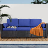 HISUKOY Outdoor Couch Wicker Patio Sofa, 3-Seat Sofa Patio Furniture Couch Outdoor Patio Sofa Seating Furniture for Garden,Backyard,Porch, Black-Blue HISUKOY