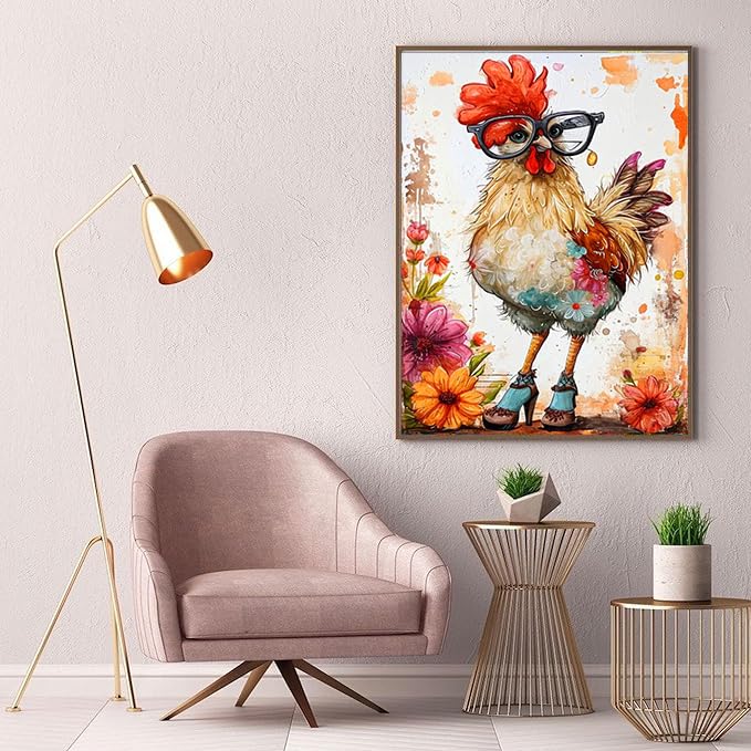 Ekuxom Chicken Diamond Art Kits for Adults, Diamond Painting Kits for Adults, Full Drill Round Funny Diamond Painting Chicken Kits Wall Art Decor 12x16inch Ekuxom