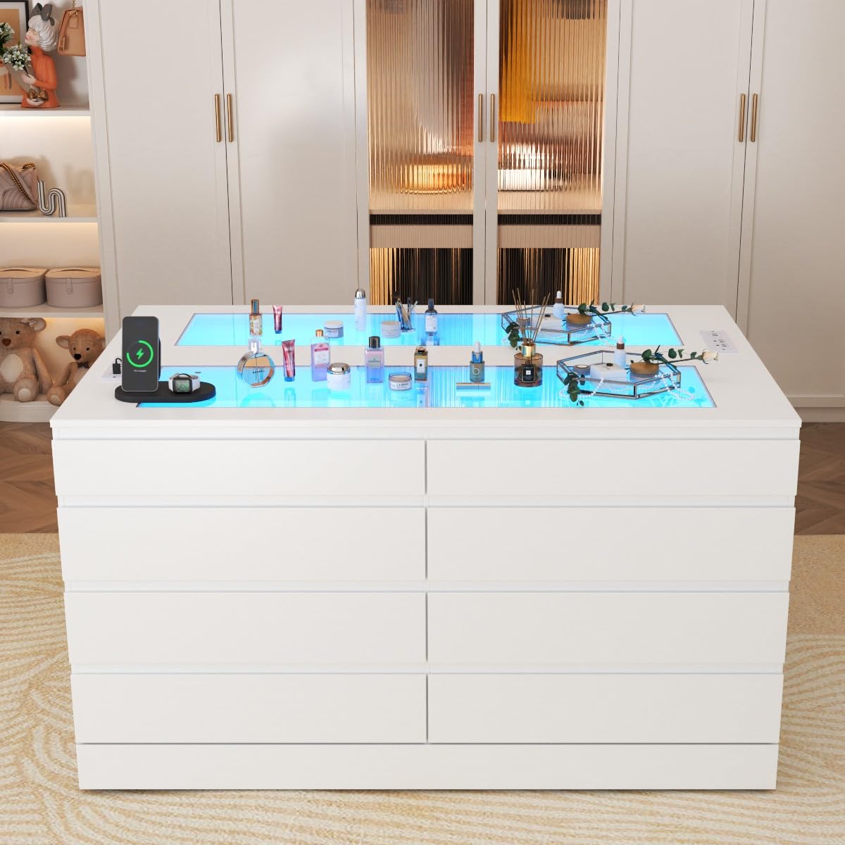Gyfimoie 8 Drawer Dresser with Glass Top & Power Outlet, White Dresser for Bedroom with LED Light, Modern Chest of Drawer Double Wide Drawers Organizer Cabinet for Bedroom, Living Room (White) Gyfimoie