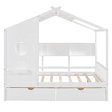 MERITLINE Montessori Full House Bed with Storage Drawers & Bookcase - Solid Wood Playhouse Bed for Kids, Teens, & Adults (White) MERITLINE