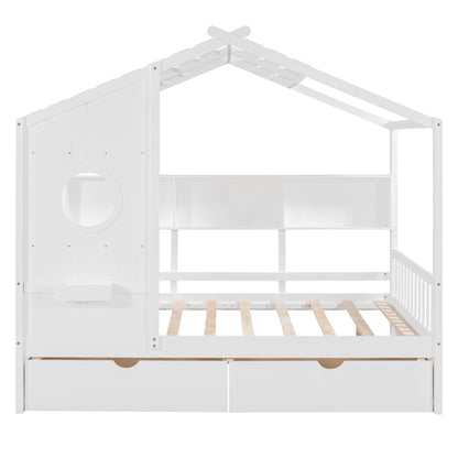 MERITLINE Montessori Full House Bed with Storage Drawers & Bookcase - Solid Wood Playhouse Bed for Kids, Teens, & Adults (White) - WoodArtSupply