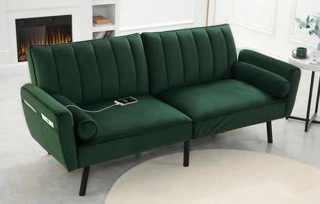 DURASPACE Velvet Loveseat, Sleeper Sofa Convertible Futon Couch with USB, 74" Loveseat Coach for Dorm, Apartment, Bonus Room,Compact Living Space (Green) DURASPACE